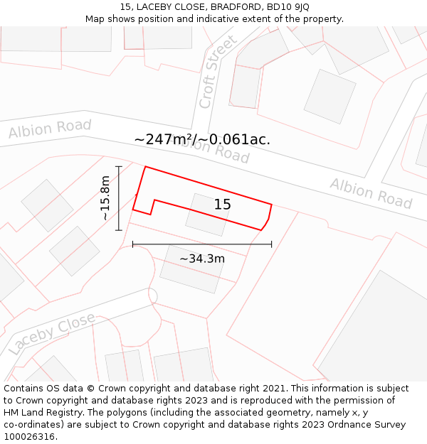 15, LACEBY CLOSE, BRADFORD, BD10 9JQ: Plot and title map