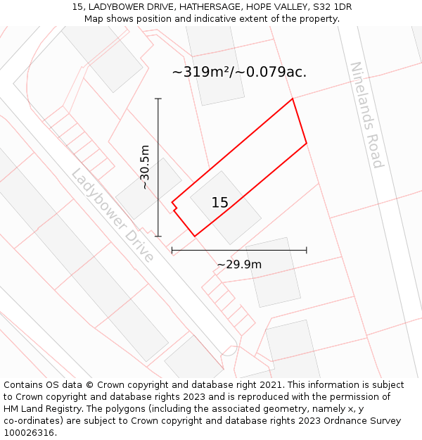 15, LADYBOWER DRIVE, HATHERSAGE, HOPE VALLEY, S32 1DR: Plot and title map