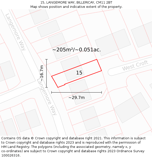 15, LANGEMORE WAY, BILLERICAY, CM11 2BT: Plot and title map