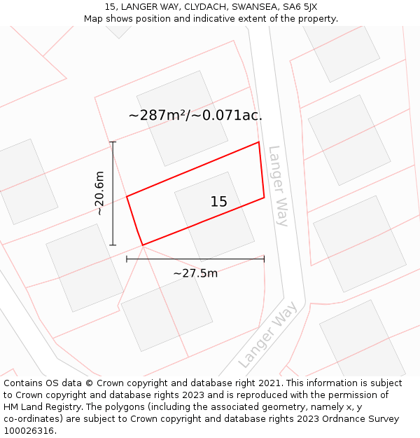 15, LANGER WAY, CLYDACH, SWANSEA, SA6 5JX: Plot and title map