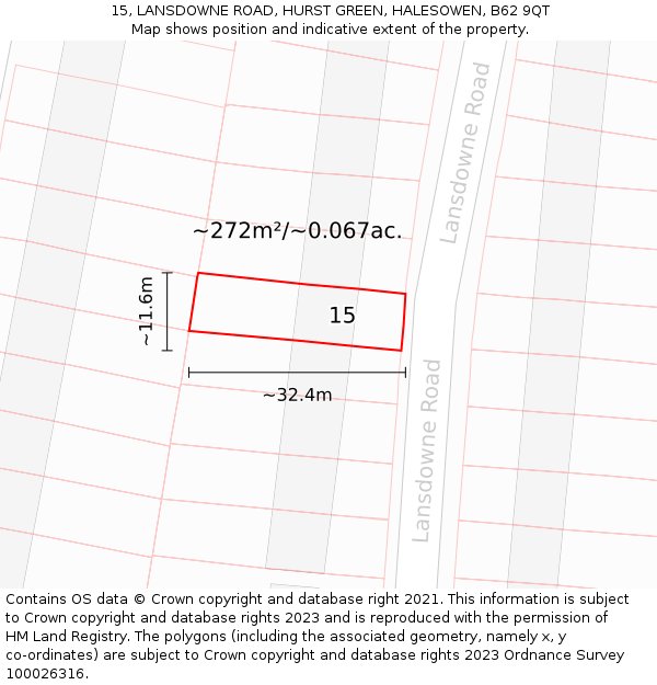 15, LANSDOWNE ROAD, HURST GREEN, HALESOWEN, B62 9QT: Plot and title map