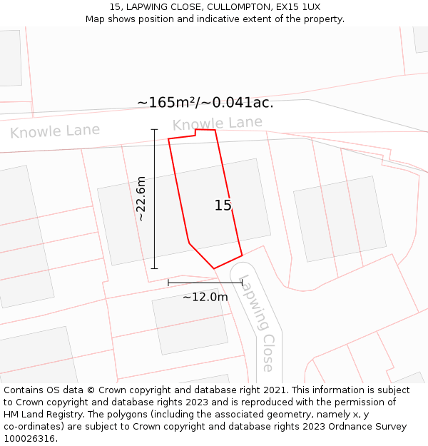 15, LAPWING CLOSE, CULLOMPTON, EX15 1UX: Plot and title map