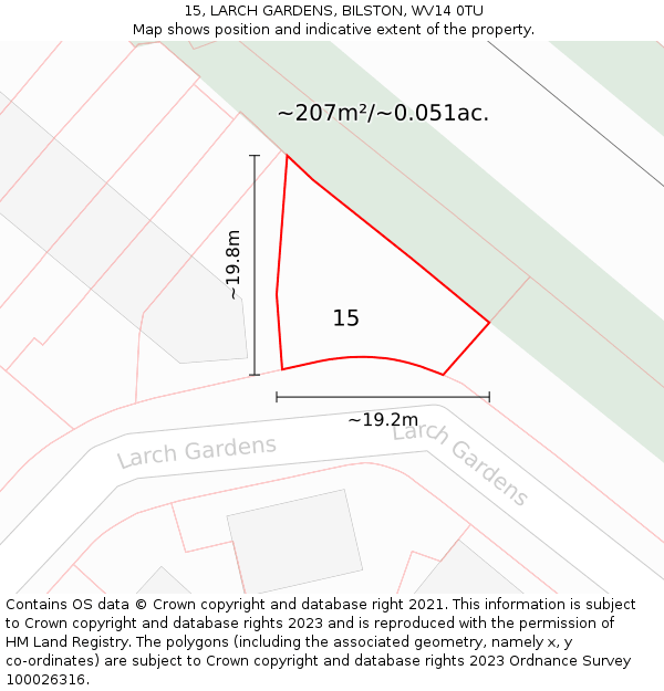 15, LARCH GARDENS, BILSTON, WV14 0TU: Plot and title map