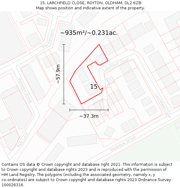 15, LARCHFIELD CLOSE, ROYTON, OLDHAM, OL2 6ZB: Plot and title map