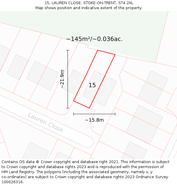 15, LAUREN CLOSE, STOKE-ON-TRENT, ST4 2XL: Plot and title map