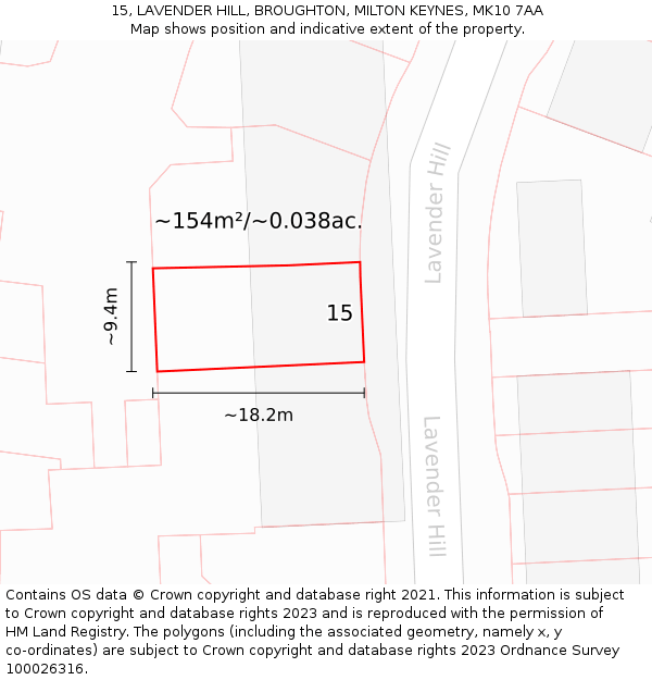 15, LAVENDER HILL, BROUGHTON, MILTON KEYNES, MK10 7AA: Plot and title map