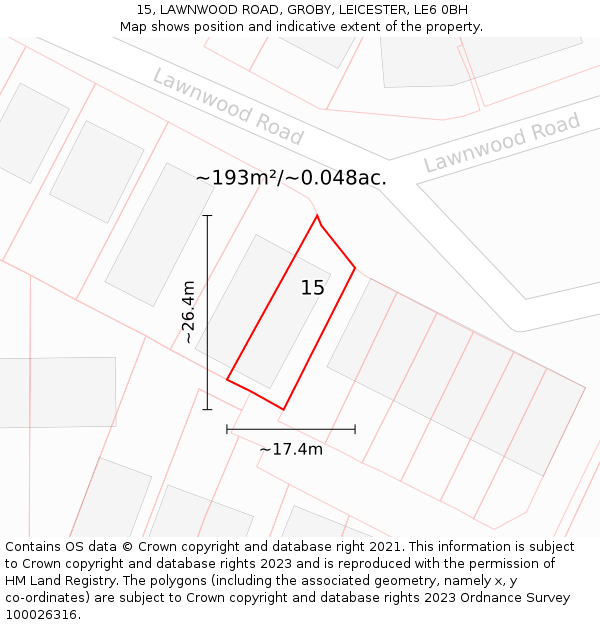 15, LAWNWOOD ROAD, GROBY, LEICESTER, LE6 0BH: Plot and title map