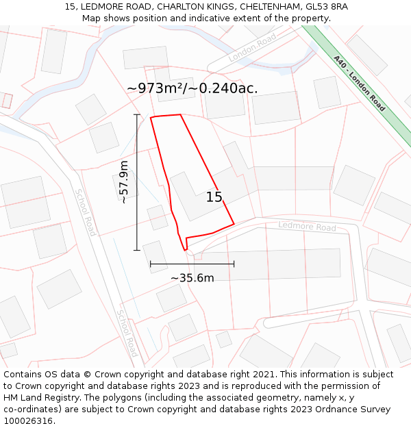 15, LEDMORE ROAD, CHARLTON KINGS, CHELTENHAM, GL53 8RA: Plot and title map