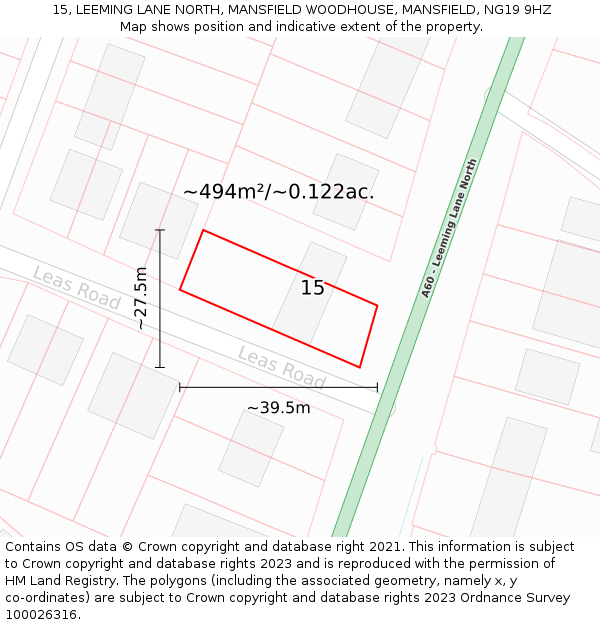 15, LEEMING LANE NORTH, MANSFIELD WOODHOUSE, MANSFIELD, NG19 9HZ: Plot and title map