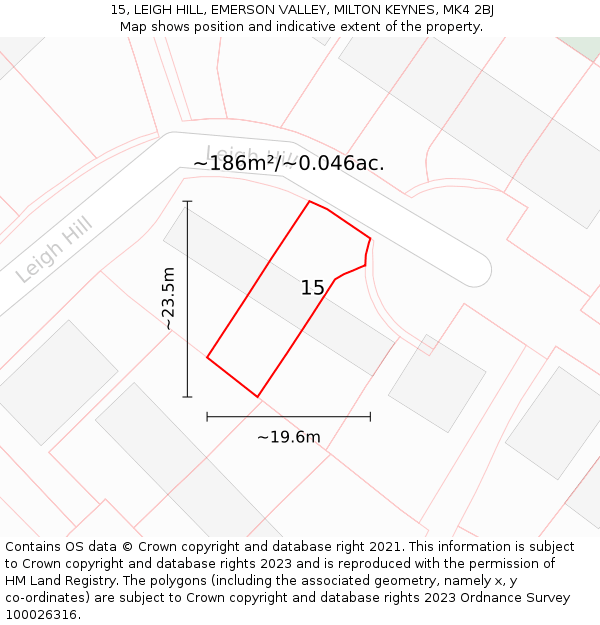 15, LEIGH HILL, EMERSON VALLEY, MILTON KEYNES, MK4 2BJ: Plot and title map