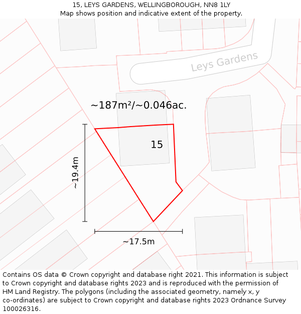 15, LEYS GARDENS, WELLINGBOROUGH, NN8 1LY: Plot and title map