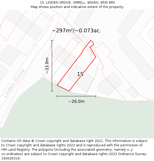 15, LINDEN GROVE, ORRELL, WIGAN, WN5 8RX: Plot and title map