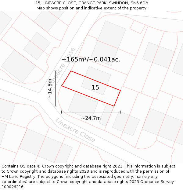 15, LINEACRE CLOSE, GRANGE PARK, SWINDON, SN5 6DA: Plot and title map