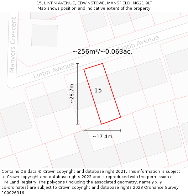 15, LINTIN AVENUE, EDWINSTOWE, MANSFIELD, NG21 9LT: Plot and title map