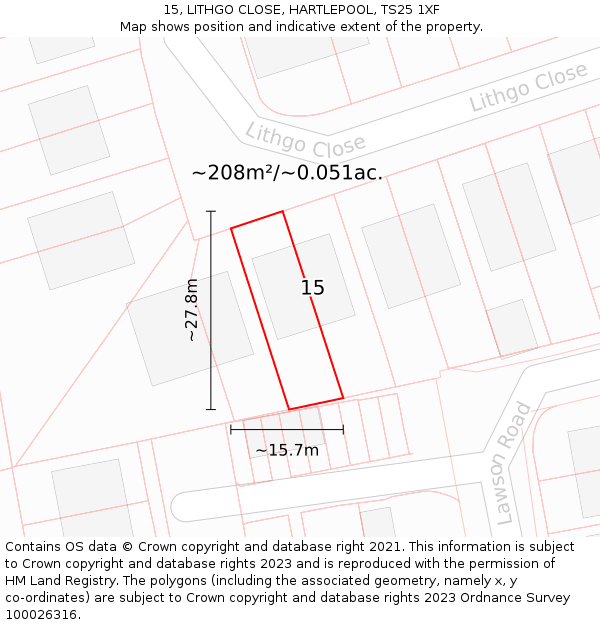 15, LITHGO CLOSE, HARTLEPOOL, TS25 1XF: Plot and title map