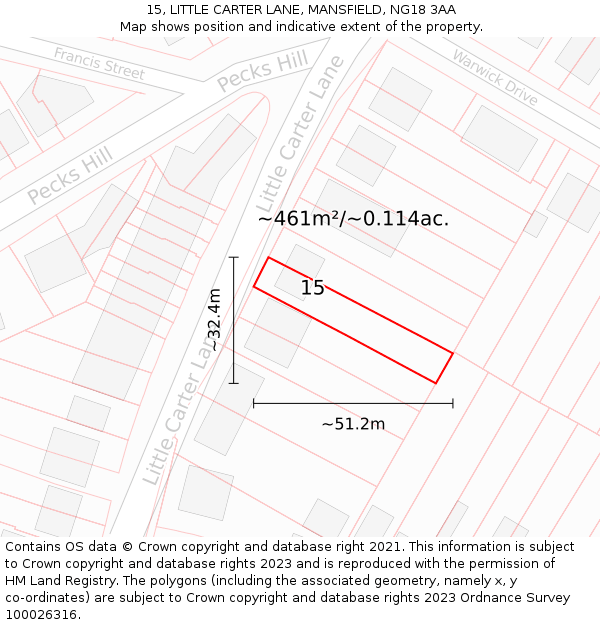 15, LITTLE CARTER LANE, MANSFIELD, NG18 3AA: Plot and title map