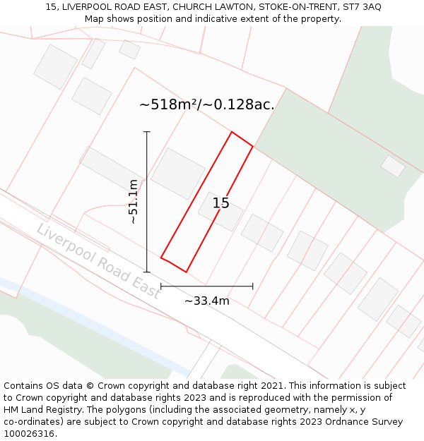 15, LIVERPOOL ROAD EAST, CHURCH LAWTON, STOKE-ON-TRENT, ST7 3AQ: Plot and title map