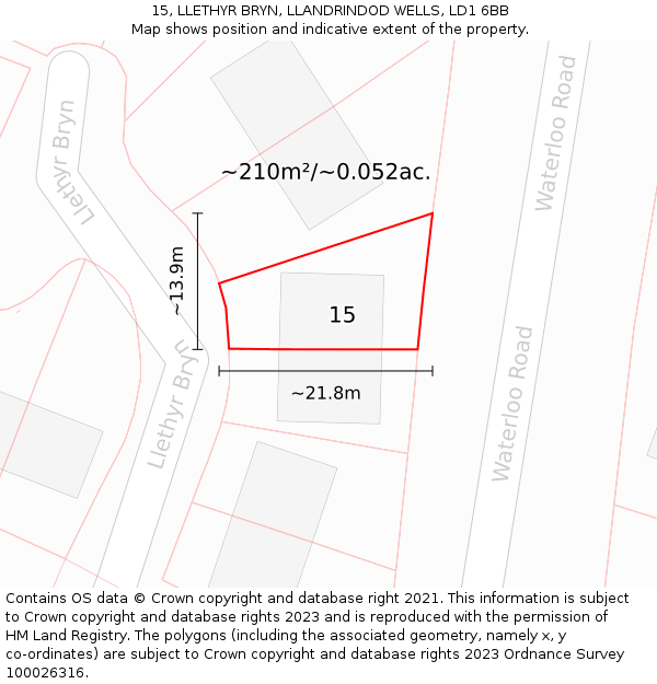 15, LLETHYR BRYN, LLANDRINDOD WELLS, LD1 6BB: Plot and title map