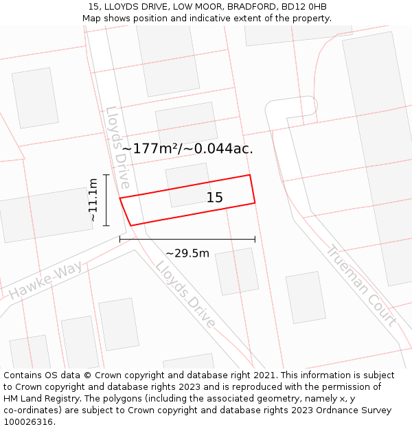 15, LLOYDS DRIVE, LOW MOOR, BRADFORD, BD12 0HB: Plot and title map
