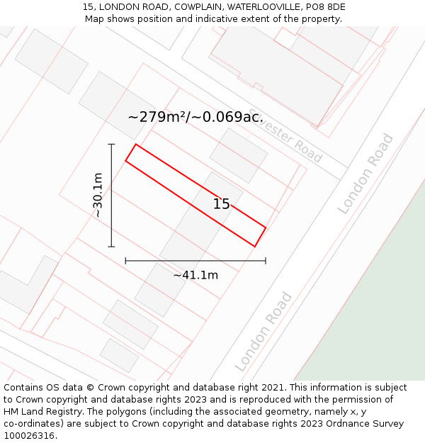 15, LONDON ROAD, COWPLAIN, WATERLOOVILLE, PO8 8DE: Plot and title map