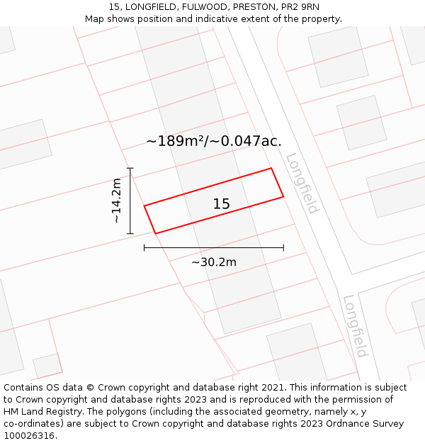 15, LONGFIELD, FULWOOD, PRESTON, PR2 9RN: Plot and title map