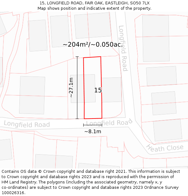 15, LONGFIELD ROAD, FAIR OAK, EASTLEIGH, SO50 7LX: Plot and title map