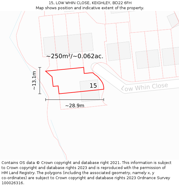 15, LOW WHIN CLOSE, KEIGHLEY, BD22 6FH: Plot and title map