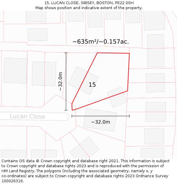 15, LUCAN CLOSE, SIBSEY, BOSTON, PE22 0SH: Plot and title map