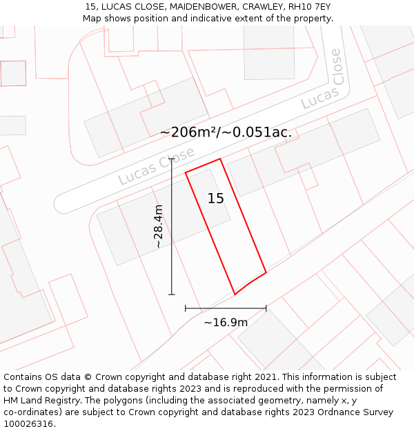 15, LUCAS CLOSE, MAIDENBOWER, CRAWLEY, RH10 7EY: Plot and title map