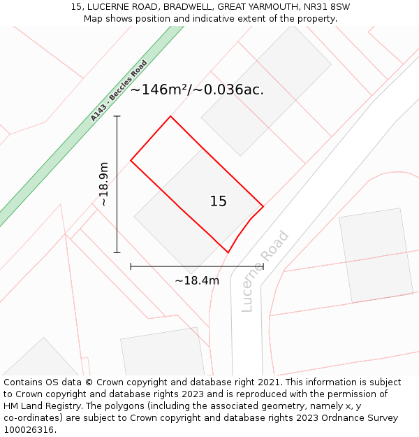 15, LUCERNE ROAD, BRADWELL, GREAT YARMOUTH, NR31 8SW: Plot and title map