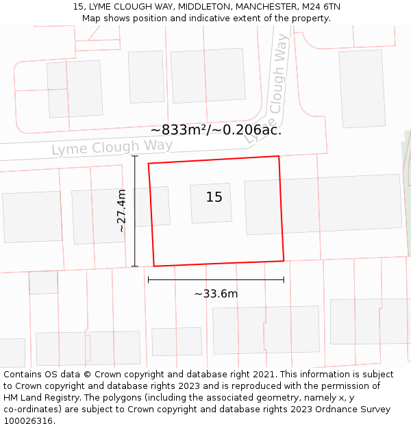 15, LYME CLOUGH WAY, MIDDLETON, MANCHESTER, M24 6TN: Plot and title map