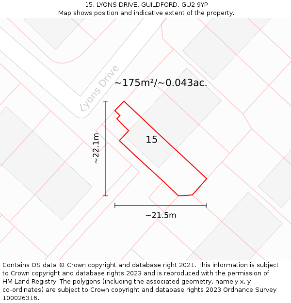 15, LYONS DRIVE, GUILDFORD, GU2 9YP: Plot and title map