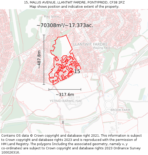 15, MALUS AVENUE, LLANTWIT FARDRE, PONTYPRIDD, CF38 2PZ: Plot and title map