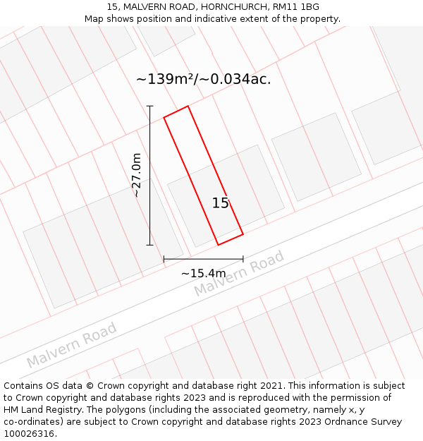 15, MALVERN ROAD, HORNCHURCH, RM11 1BG: Plot and title map