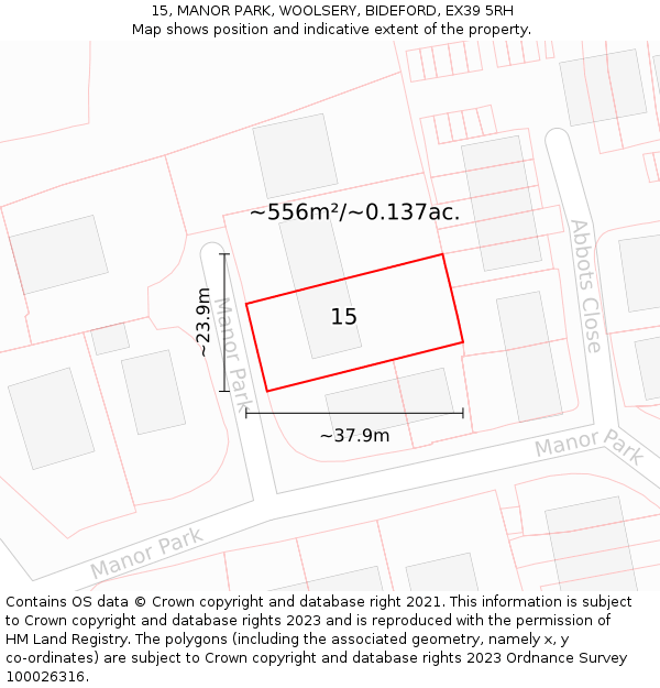 15, MANOR PARK, WOOLSERY, BIDEFORD, EX39 5RH: Plot and title map