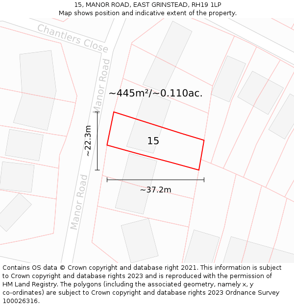 15, MANOR ROAD, EAST GRINSTEAD, RH19 1LP: Plot and title map