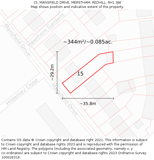 15, MANSFIELD DRIVE, MERSTHAM, REDHILL, RH1 3JW: Plot and title map