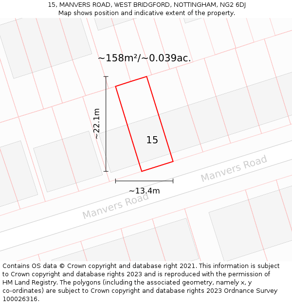 15, MANVERS ROAD, WEST BRIDGFORD, NOTTINGHAM, NG2 6DJ: Plot and title map