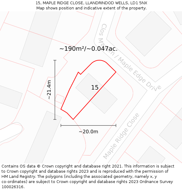 15, MAPLE RIDGE CLOSE, LLANDRINDOD WELLS, LD1 5NX: Plot and title map