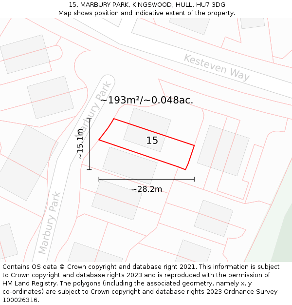 15, MARBURY PARK, KINGSWOOD, HULL, HU7 3DG: Plot and title map