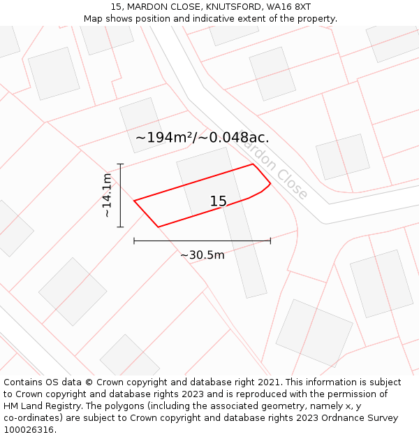 15, MARDON CLOSE, KNUTSFORD, WA16 8XT: Plot and title map