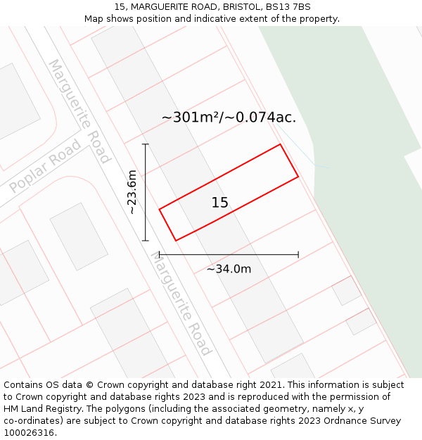 15, MARGUERITE ROAD, BRISTOL, BS13 7BS: Plot and title map