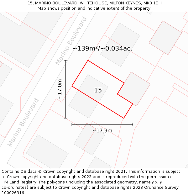 15, MARINO BOULEVARD, WHITEHOUSE, MILTON KEYNES, MK8 1BH: Plot and title map