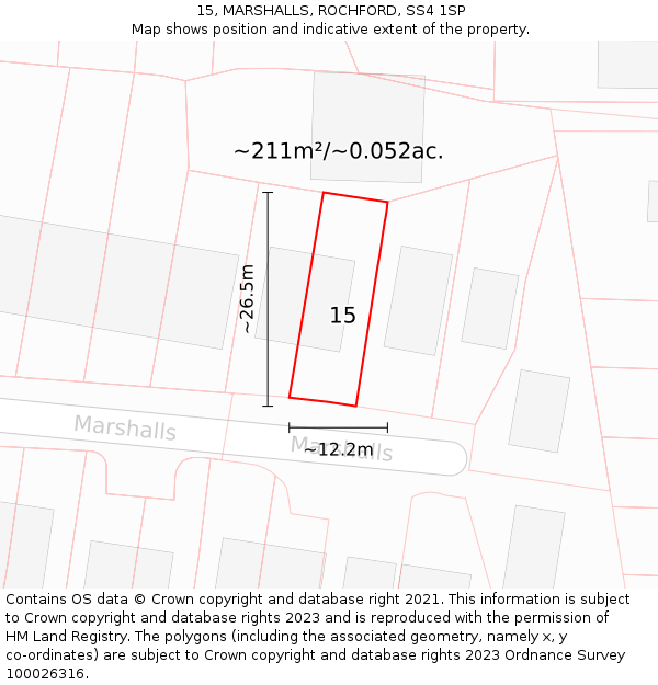 15, MARSHALLS, ROCHFORD, SS4 1SP: Plot and title map