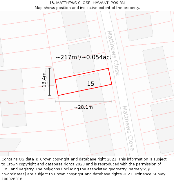 15, MATTHEWS CLOSE, HAVANT, PO9 3NJ: Plot and title map