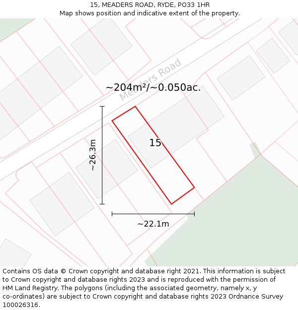 15, MEADERS ROAD, RYDE, PO33 1HR: Plot and title map