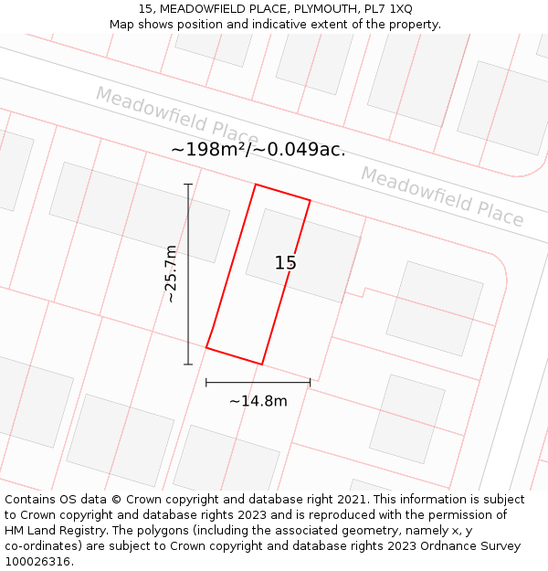 15, MEADOWFIELD PLACE, PLYMOUTH, PL7 1XQ: Plot and title map