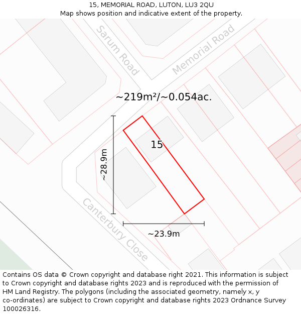 15, MEMORIAL ROAD, LUTON, LU3 2QU: Plot and title map