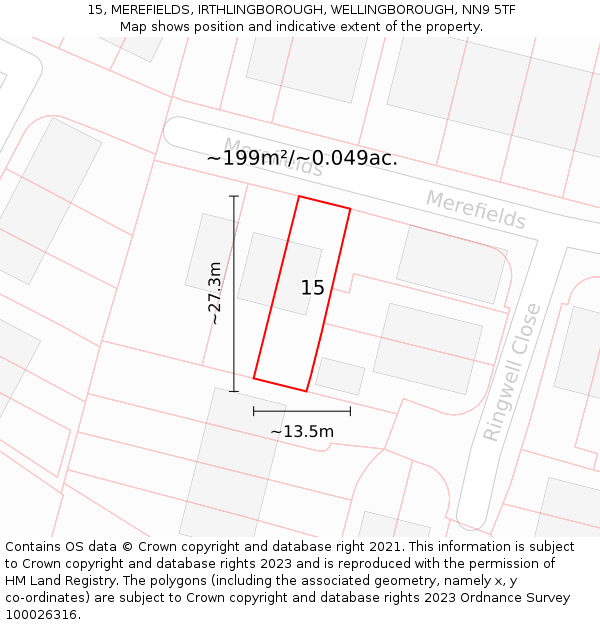 15, MEREFIELDS, IRTHLINGBOROUGH, WELLINGBOROUGH, NN9 5TF: Plot and title map