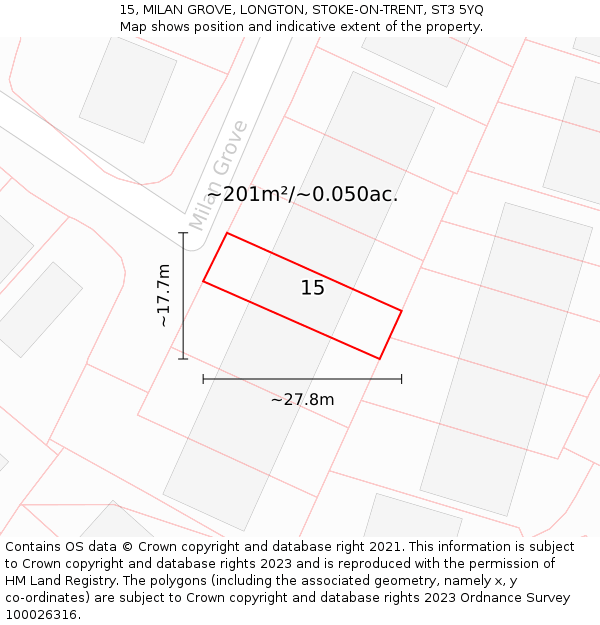 15, MILAN GROVE, LONGTON, STOKE-ON-TRENT, ST3 5YQ: Plot and title map